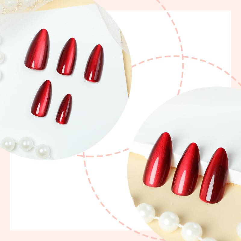TOGZOM Red Almond Press on Cat Eye Acrylic Nails Medium Solid Red Color Fake Reusable Glossy Artificial Ombre Glue on for Women Girls Daily Wear Manicure 24Pcs - Image 3